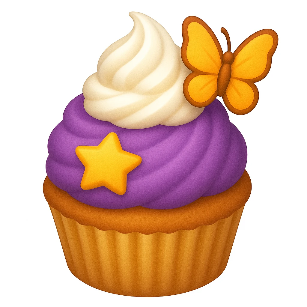 Add a swirl of whipped cream and a butterfly decoration to the cupcake with purple frosting and a star-shaped candy in emoji style. emoji