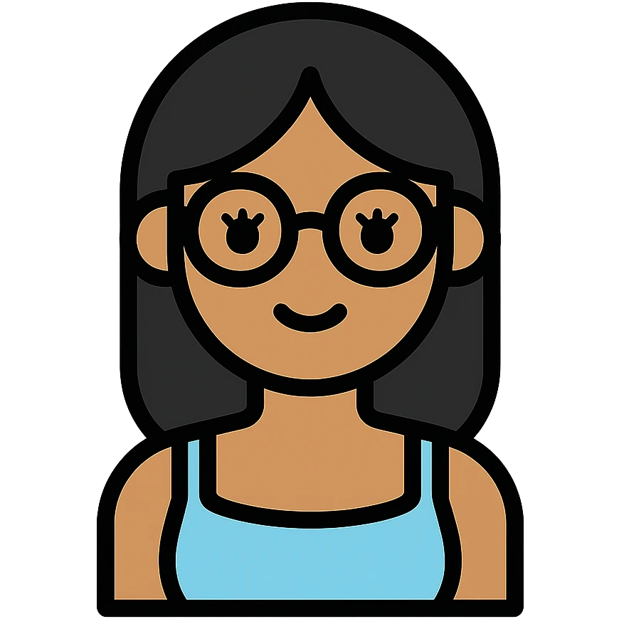 light brown girl with long eyelashes, black medium hair, clear glasses, cute light blue tank top with spaghetti straps, lineal color icon with black outlines emoji