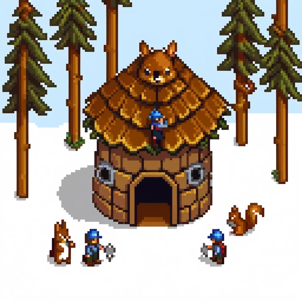 squirrel hut under construction with four workers emoji