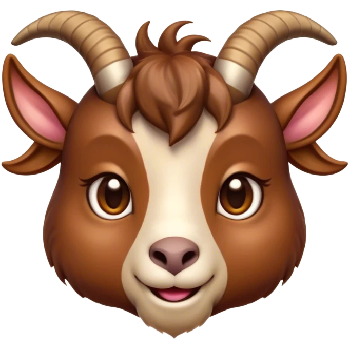 Cinematic Cute Brown Goat Portrait Emoji, Head tilted playfully and inquisitively, featuring a glossy, rich brown fur with charming curved horns, round, sparkling eyes filled with gentle curiosity, Simplified yet irresistibly adorable features, highly detailed, glowing with a warm, friendly glow, high shine, affectionate and lively, stylized with a touch of rustic whimsy, bright and endearing, soft glowing outline, capturing the essence of a mischievous yet loving goat, so playful it feels like it could trot out of the screen and into your arms! emoji