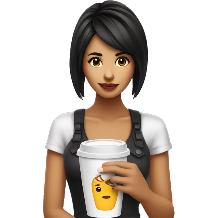 chica morena con flequillo negro tomándose un café  emoji