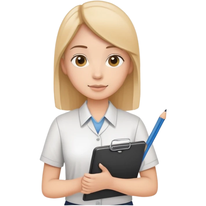 intern or volunteer holding a clipboard and pencil, ready to take notes or assist. The character wears a simple shirt and has an eager posture emoji