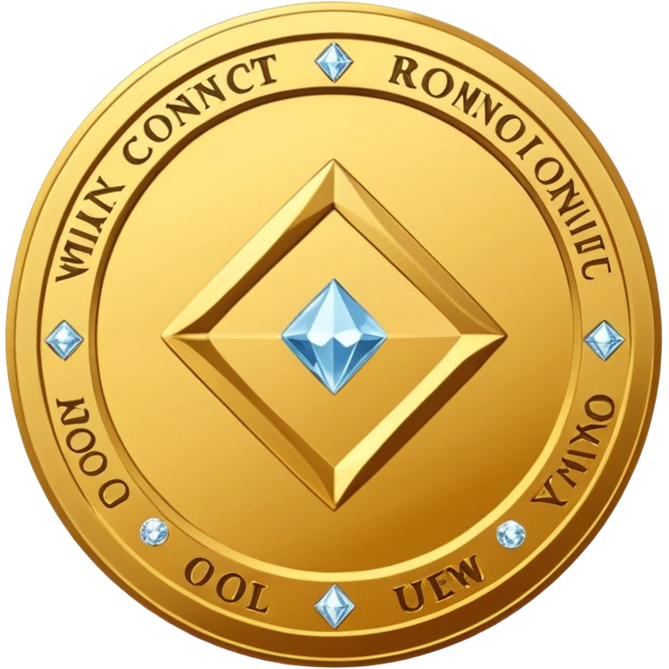 Create a high-quality 3D render of a shiny yellow/gold coin. In the center of the coin, place a diamond-shaped logo (“wajik”). Around the logo, engrave the text “Rusoconnect Network” in a circular layout. emoji