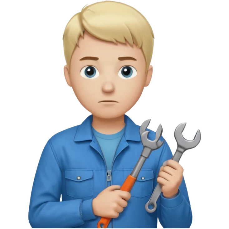 Calm and independent male technician, fair skin, short blonde hair, cool light-blue eyes, serious but composed expression, wearing a blue work jacket over a grey t-shirt, holding a wrench in one hand and a mechanical gear in the other, waist-up, front-facing emoji