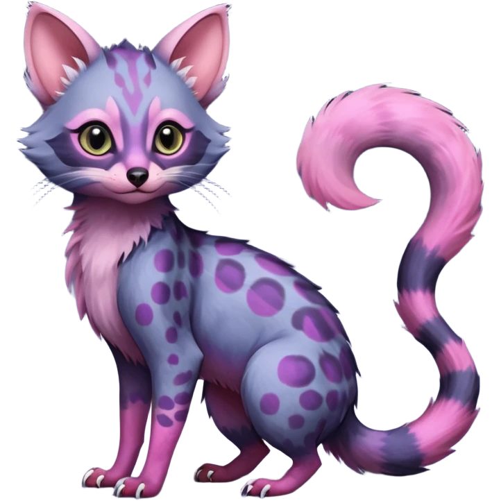 Deep dark pastel bright whitish pale indigo-purple-Violet-pink-gradients with darker points Asian painted anime-styled big-eyed shiny glorious divine marked exotic cool beautiful realistic Lykoi-civet-genet-sergal-ocicat-oncilla-animal-Fakémon-hybrid-fursona (full body) emoji