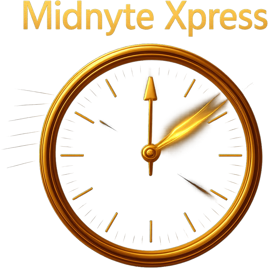 Change the clock face color to deep blue, keeping the motion blur on the hands, glowing effect, realistic style, and 'Midnyte Xpress' text above. Transparent background. Maintain the realistic style and effects as in the original images. emoji