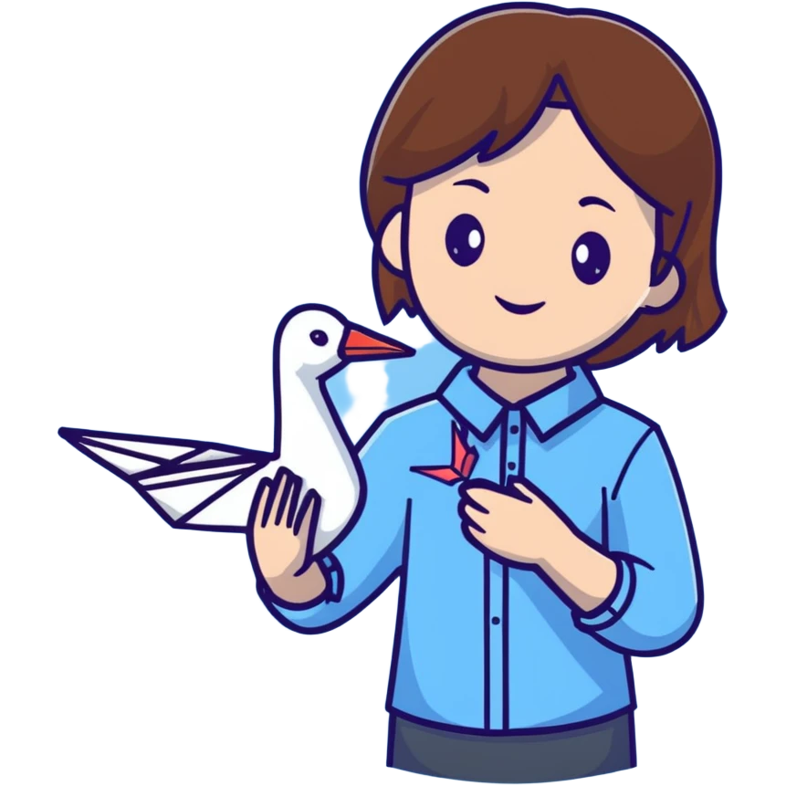 A happy Ukrainian young girl with brown hair in a white embroidered shirt holds an origami blue crane emoji