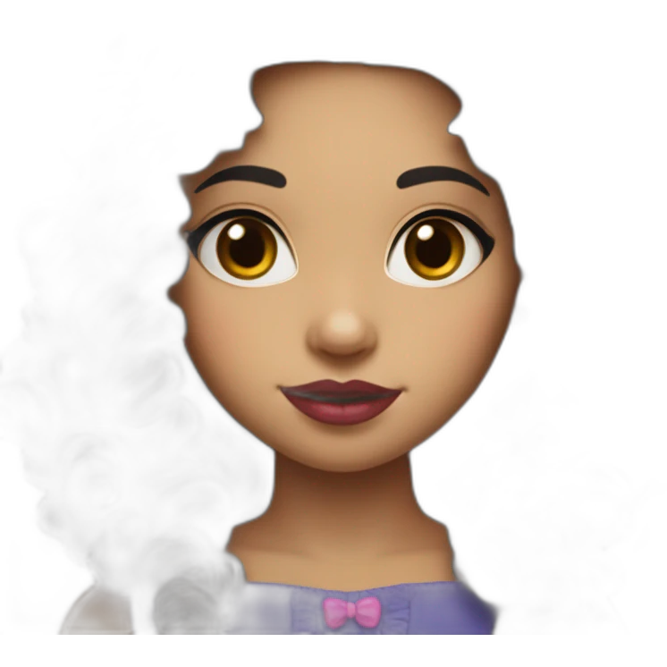 A cute Métis girl with a very clear complexion. She has black hair with large curls, which descend to her shoulders, and a pink lipstick on luscious lips. emoji