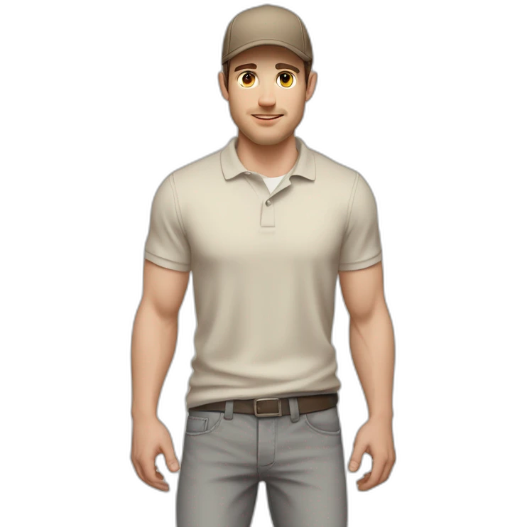 Pale skinned fit Man with dark brown hair in a beige cap, gray jeans, brown polo and white T-shirt keeping a pasted with tape white box into his hands emoji