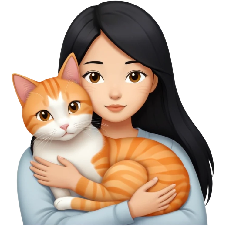 Young Asian woman with long straight black hair cuddling a white and orange tabby cat, gentle embrace, affectionate pose emoji
