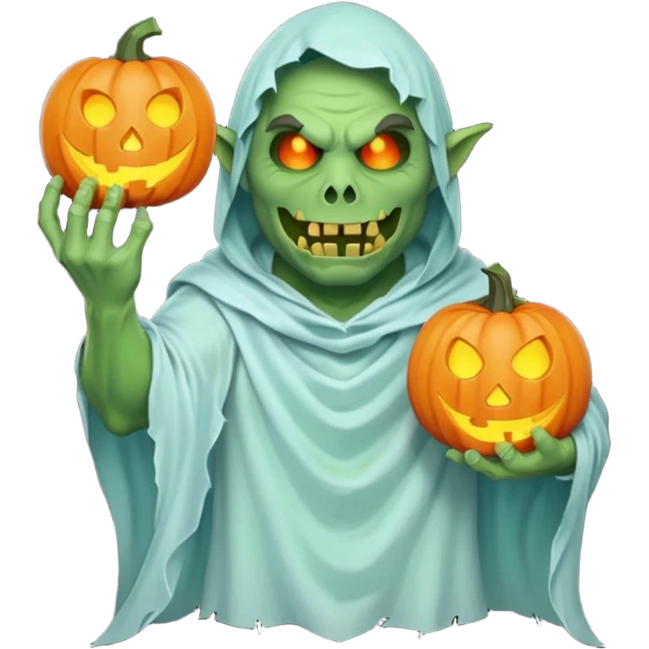 male orc ghost emoji, green skin, tusks, wearing torn white ghost sheet costume, holding glowing jack-o'-lantern, faint blue aura, friendly but spooky expression, Halloween fantasy theme, Apple emoji style, clean white background, square emoji