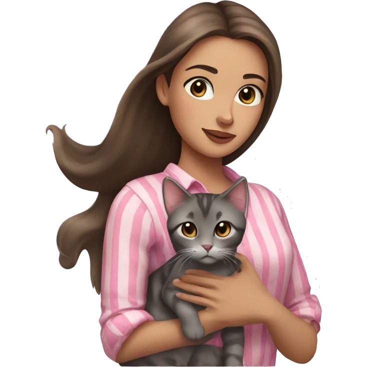 Brunette girl with straight hair in a pink blouse, holding a gray, striped, brown-eyed cat with a bow in her arms emoji