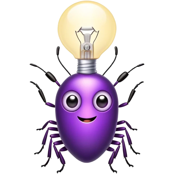 cute purple optiwatt bug with lightbulb antenna, big eyes, and a fun expression emoji
