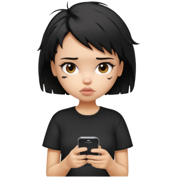 generate a pretty bratz girl with short black very messy hair, looking tired and using her phone, wearing an oversized black tshirt emoji