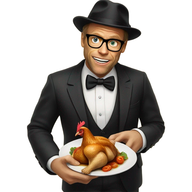 Alton brown wearing black bowler hat eating a roasted chicken emoji