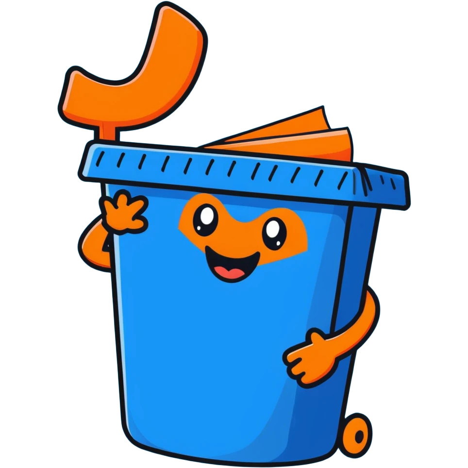 cartoon blue bin with a happy face, waving emoji