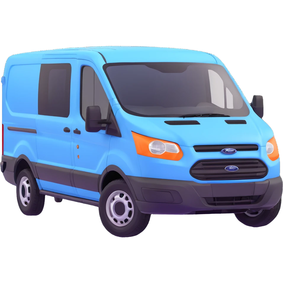 electric light blue Ford Transit passenger van, side profile, front facing right emoji