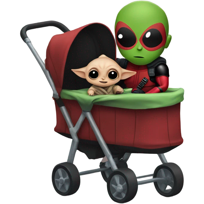 Deadpool pushing baby Yoda in his stroller emoji
