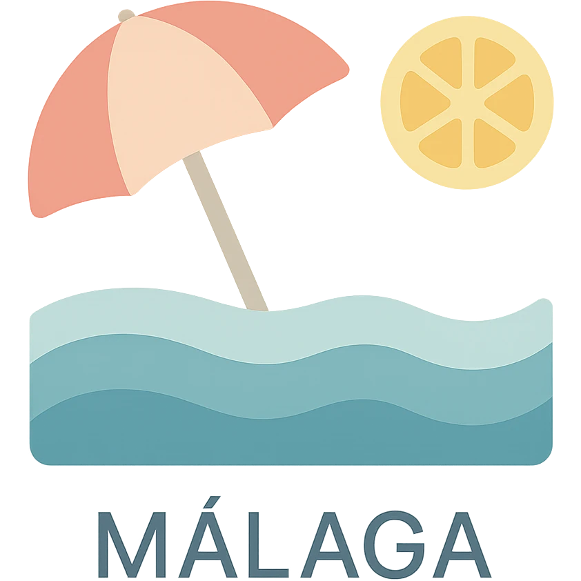 icon of Málaga showing a beach umbrella, waves, and a lemon slice, playful colorful icon style emoji