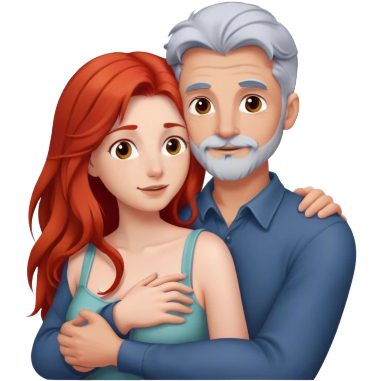 Long red hair woman and young gray hair man with facial hair hugging emoji