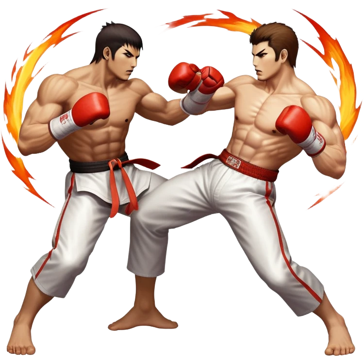 An icon showing two fighters in an intense battle, inspired by Tekken. The design features dynamic poses, with powerful punches and kicks, and a vibrant action-packed background. Health bars are visible at the bottom, showing each player’s status. Transparent background. emoji