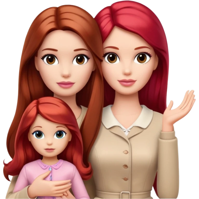 A barbie girl with makeup with dark brown hair long with a baby, a daughter, a girl with red hair, holding her hand in beige clothes emoji