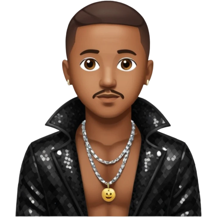 Marques Houston with dark brown hair, black sequin jacket, shirtless with necklace emoji