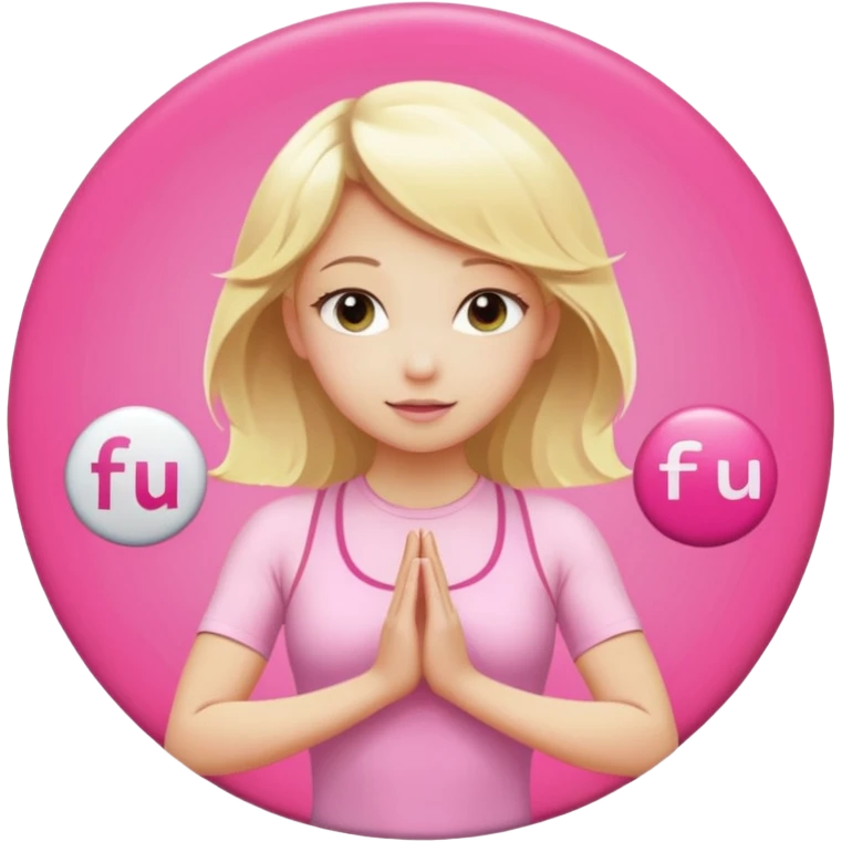 angelic blonde girl in light pink yoga outfit pushing "F U C K" pink button  emoji
