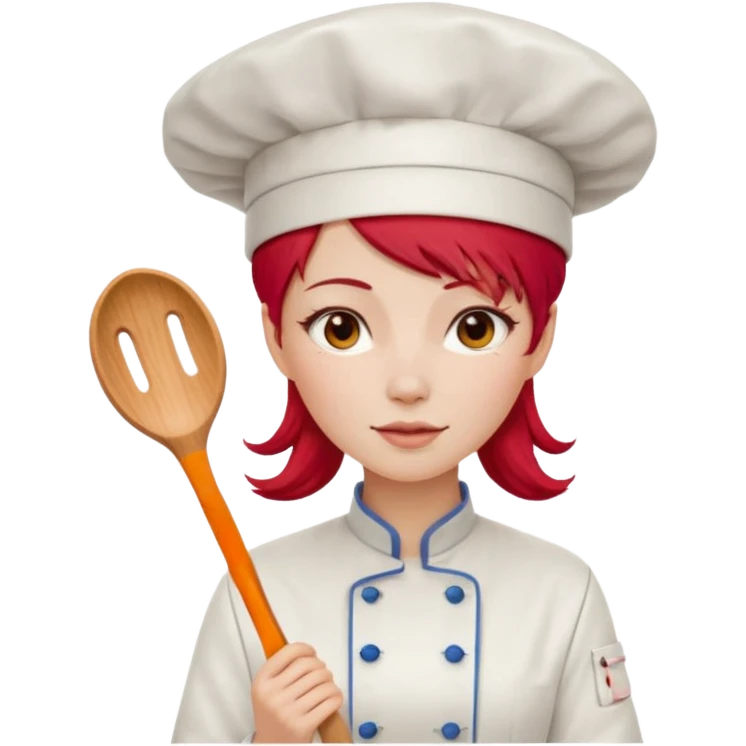 A woman with red Chinese hair and a chef's outfit, chef's hat and a wooden spoon emoji