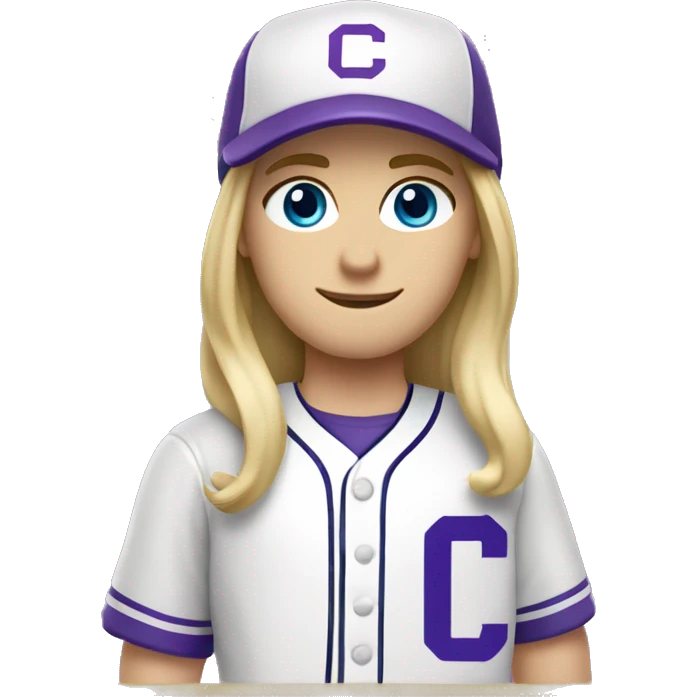 baseball card character. Blonde long straight hair. blue eyes.  letter C logo. Purple and white uniform.  emoji