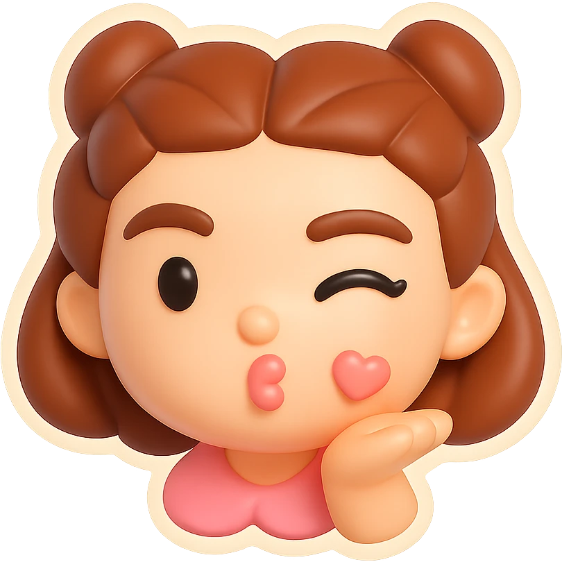 Create a vinyl figure style sticker of the girl from the reference image, blowing a kiss and winking, playful and sweet. emoji