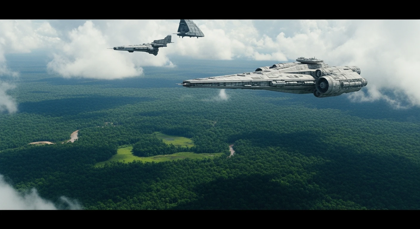 cinematic still, establishing shot, shot from top, amazon jungle from top,  starship around clouds, inspired by StarWars movie, captured by arri alexa emoji