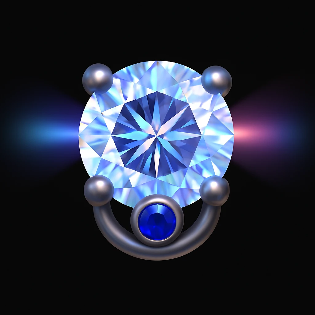 add a small blue sapphire gemstone accent to the silver jewelry setting, keep the 3D emoji style emoji