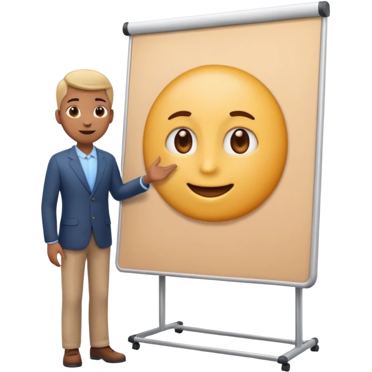 A clean emoji-style illustration of a person giving a presentation, standing next to a large presentation board on a stand, the board is oversized and clearly visible, no podium, no desk, no table, friendly proportions, soft 3D emoji style emoji