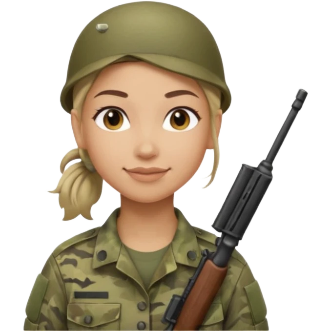 Apple emoji look — female soldier, no cap/helmet, bust, neutral smile, generic camo shirt, hair tied back, soft gradients, no weapon emoji