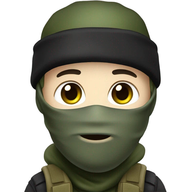 male, tall, white skin, black mask, green camo tactical gear, combat boots, black beanie, hazel eyes emoji