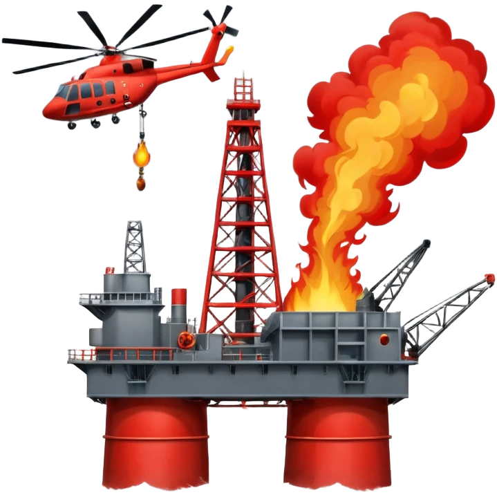 Oil rig in the sea exploding and a helicopter above emoji