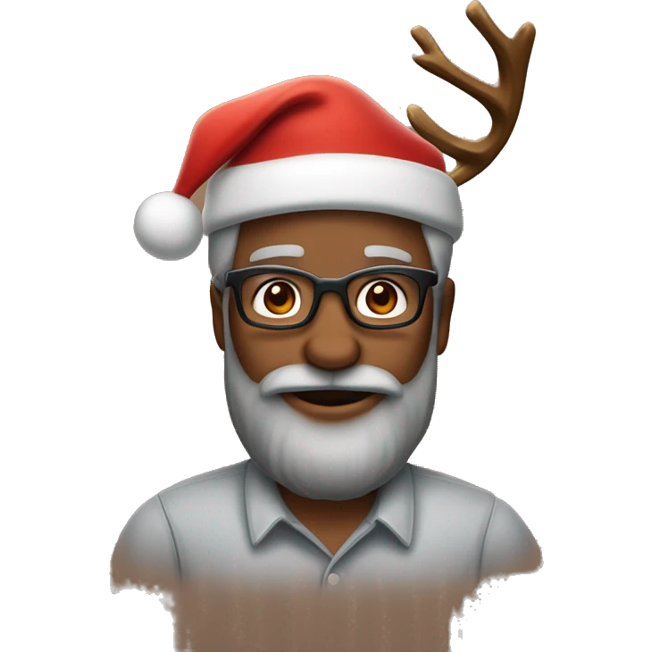 A 50 years brown skin man who has beard, glasses, and use Santa’s hat and two diadems of Rudolf the reindeer  emoji