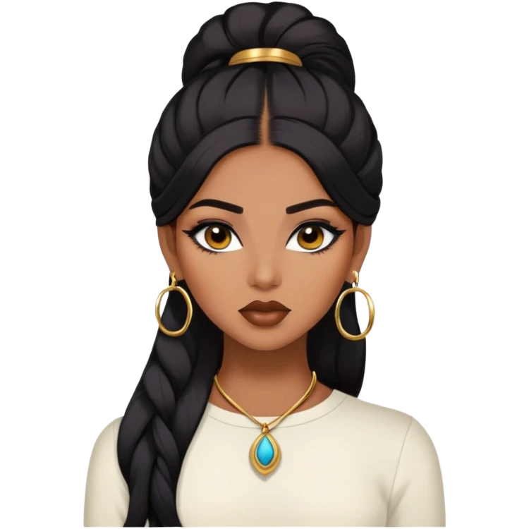 indian girl, brown skin, long black voluminous hair, brown underneath colored hair, baddie,pretty, makeup, lipliner, black eyeliner, gold hoop earrings, white top emoji