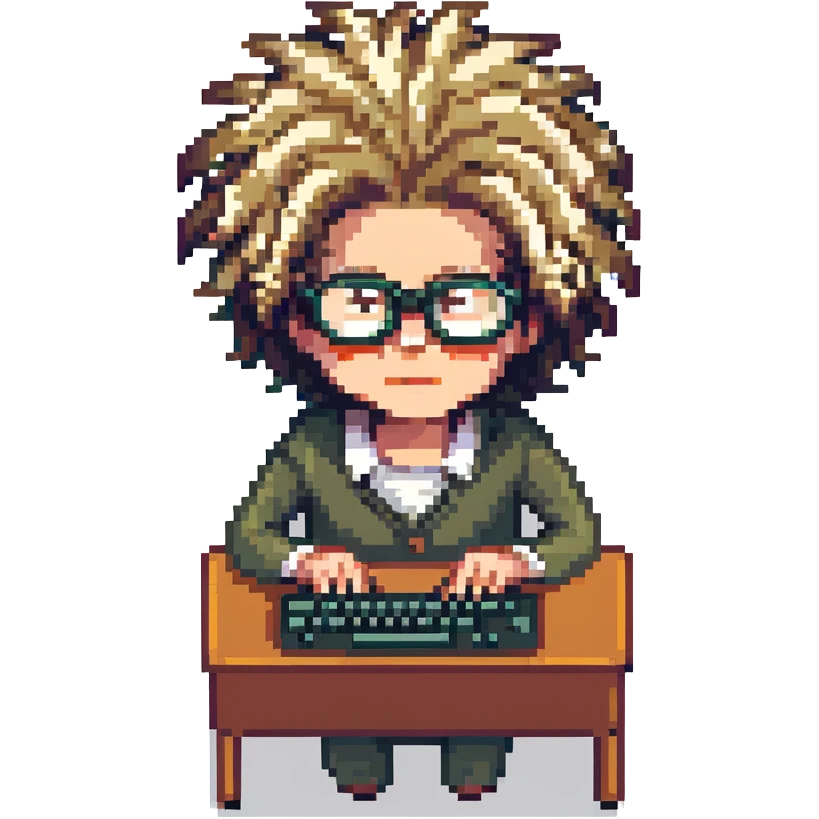 crazy programmer, wild hair, glasses, typing frantically, pixel art style emoji