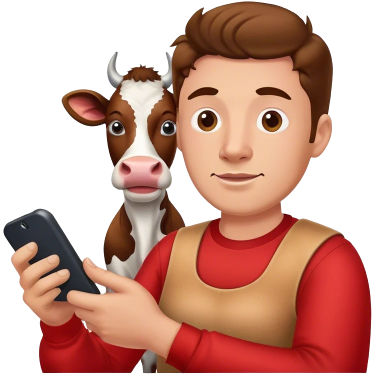 male with phone in red shirt and a cow emoji