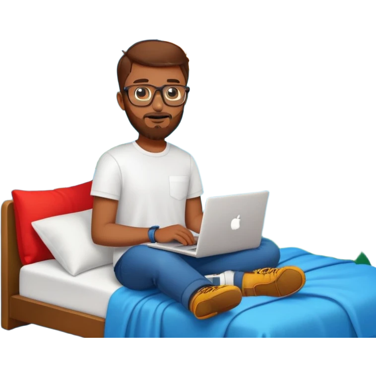 young man with short brown hair, gold-rimmed glasses, beard, white t-shirt, holding a red book, surrounded by polished emoji icons: orange bike, laptop, hiking boot, climbing wall, bed with blue blanket and moon-and-stars, green tree emoji
