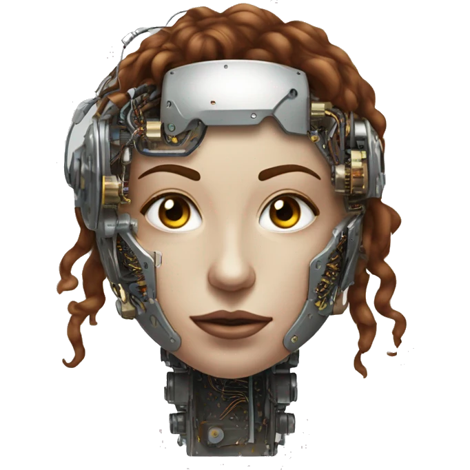 metal female cyborg head with brown curly hair and circuitry emoji