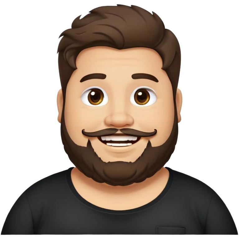 Joven obese, barba, long hair pelo largo, pelo largo, cuerpo grande, latino piel canela, cara redonda-ancha, scruff sin barba completa, cejas gruesas, pelo oscuro ondulado flat largo hasta el cuello. Sonrisa amplia, expresión alegre. Camisa negra. Size large.  emoji