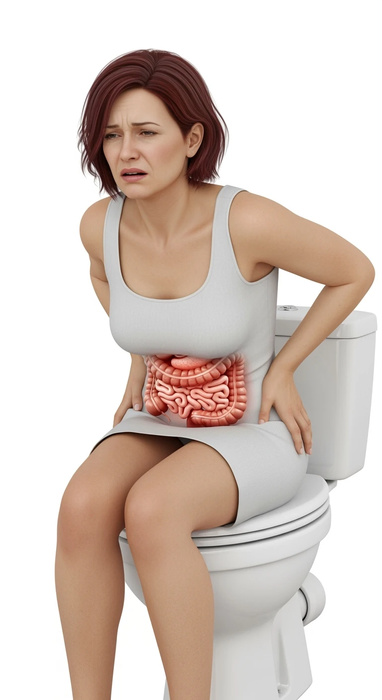 DONNA REALISTICA SEDUTA SUL WC CHE SI SFORZA CON ESPRESSIONE DI DOLORE, INTESTINO ANATOMICO REALISTICO VISIBILE, IPERREALISTICI 4K, ISOLATA SU SFONDO BIANCO emoji