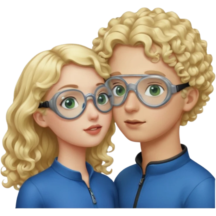 Tall curly blonde girl blue eyes pale kissing bald boy with green eyes and goggles emoji