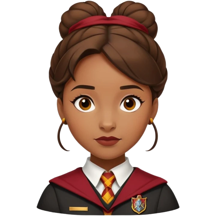 Angelina Johnson in harry potter, wear hogwarts gryfindor uniform,  thick, brown bun hair , reflecting her bold, stylish, and strong personality emoji