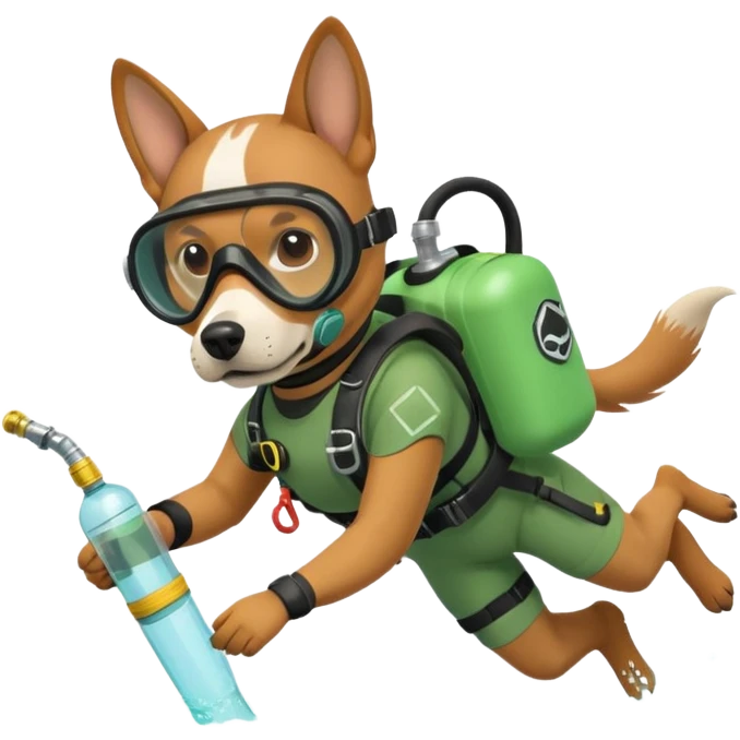 dog wearing scuba green gear dive into the sea with diver mask and oxygen tank emoji
