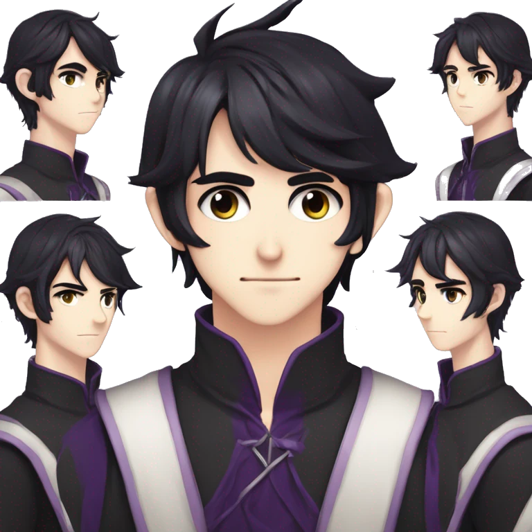 Anime boy, semi realism, ledium flowy messy black hair past eyes, narrow eyes, hair between eyes, dark purple eye color, long elf ears, long face, handsome, tall emoji