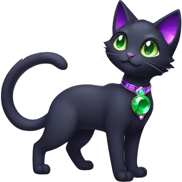 Shiny, Sparkly, Black Dark-type-Fakémon-Cat Purple eyes, green gem, full body emoji